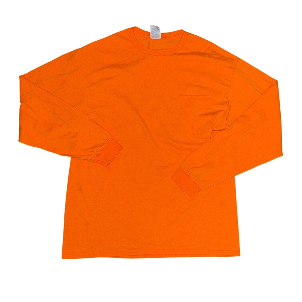 Delta Magnum Weight Long Sleeve Pocket T-Shirt Mens Large Orange Crew Neck Tee